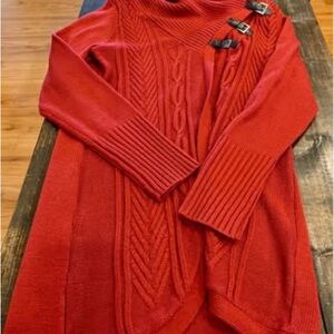 Elegant Red Cowl Neck Sweater with Buckle Accents